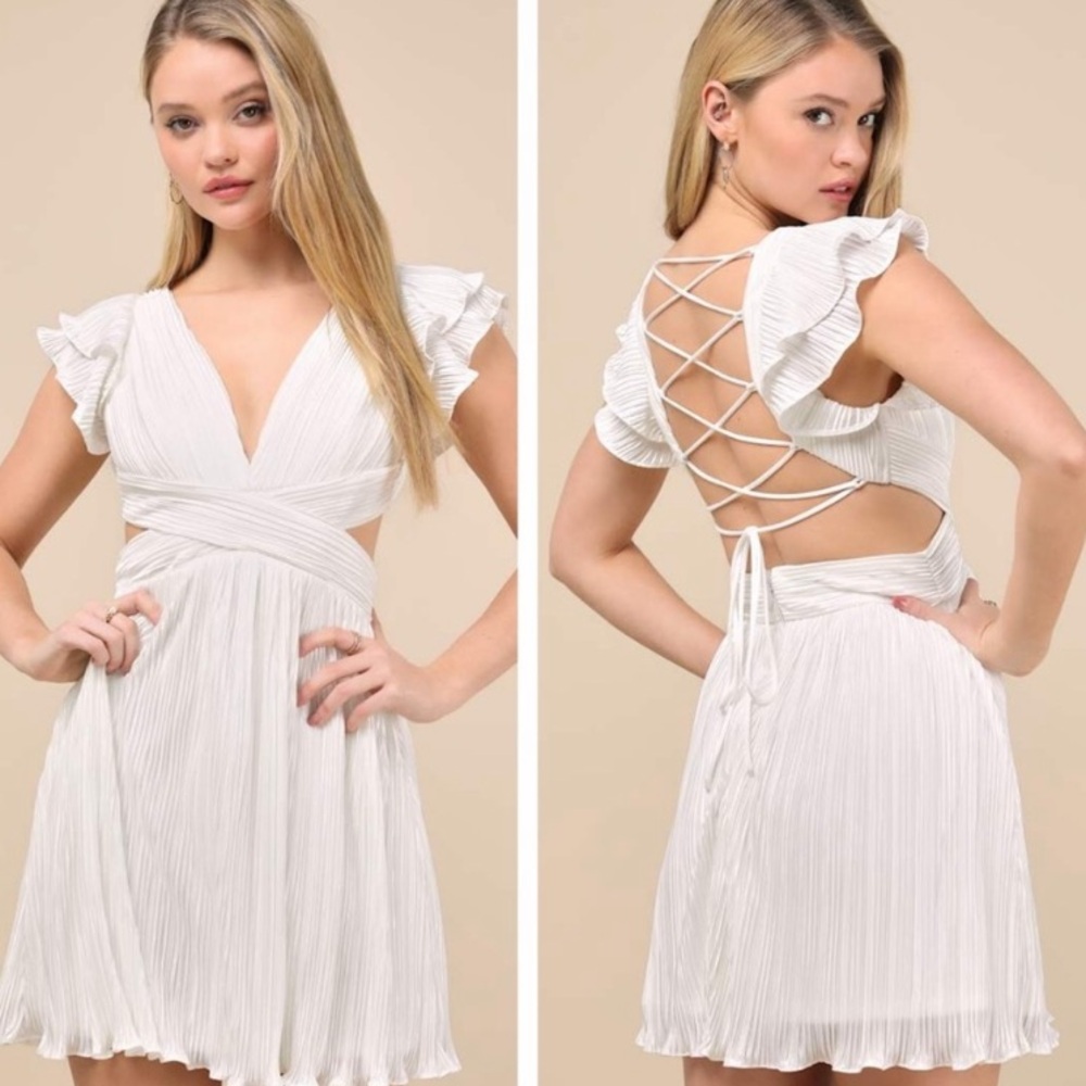 White Flutter-Sleeve Lace-Up Back Dress